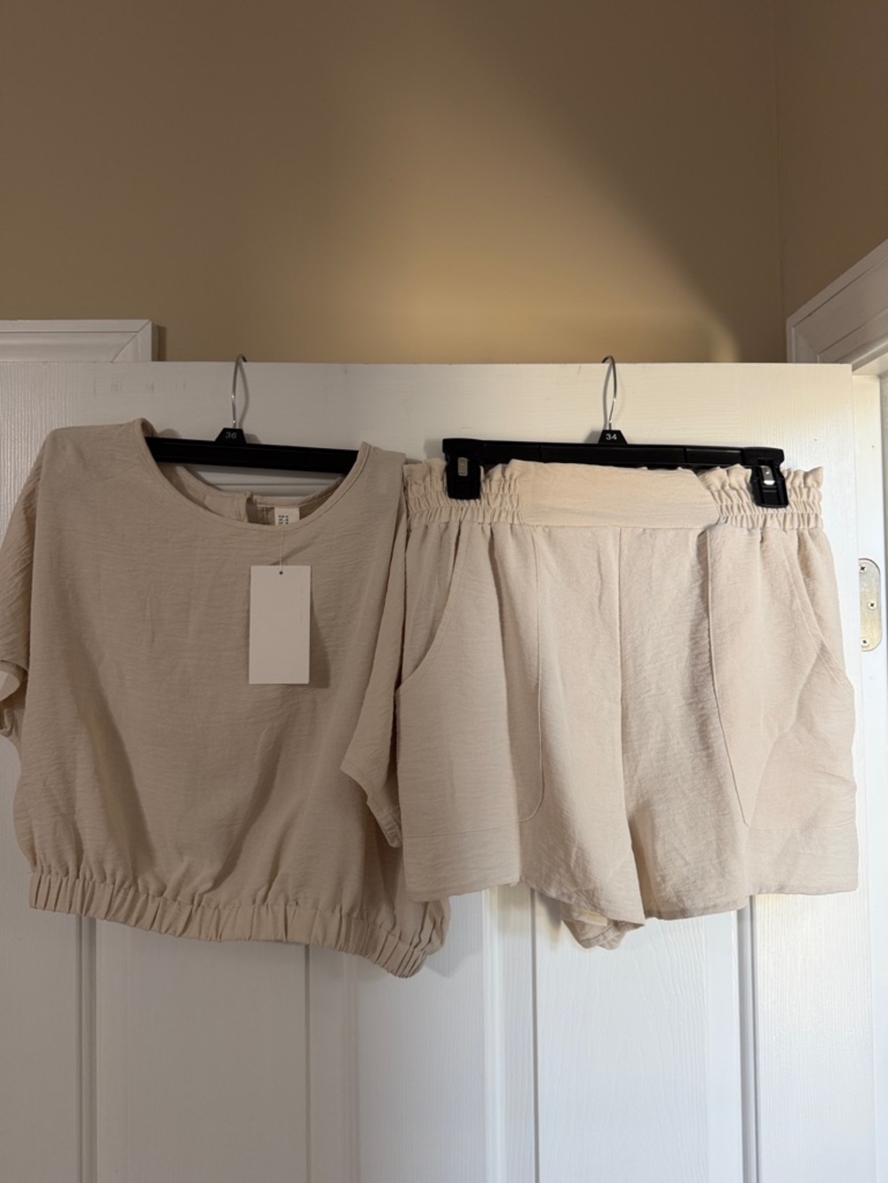 Women's Cream Elastic-Waist Shorts  and Casual Lightweight Summer Shirt